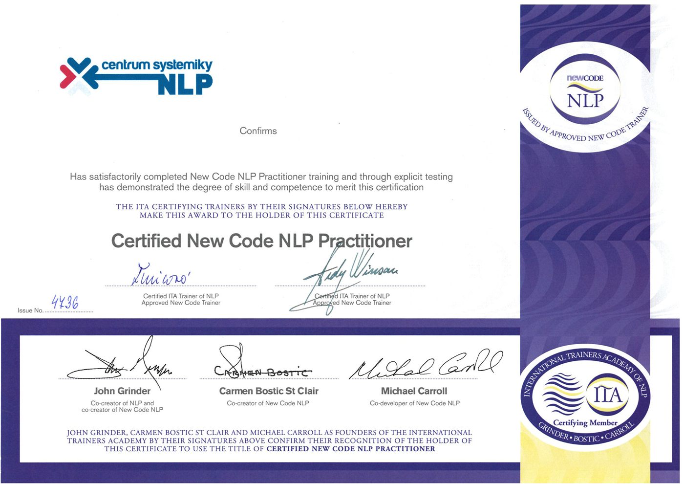 Certifikát New Code NLP Practitioner ITCA NLP
